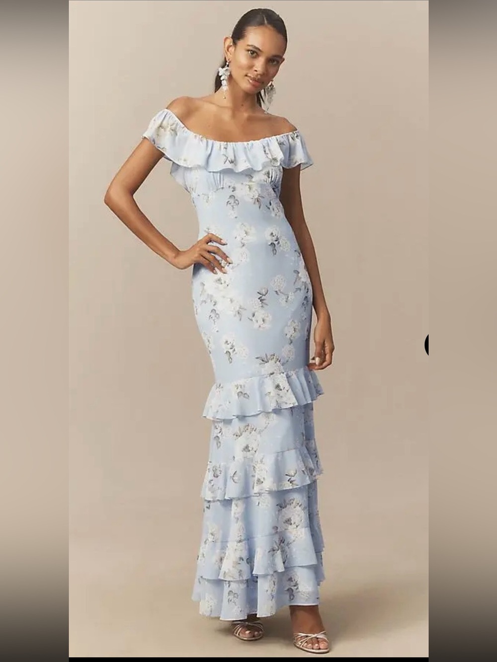 BHLDN Elara Ruffle Chiffon Maxi Dress in Sky Blue Peony